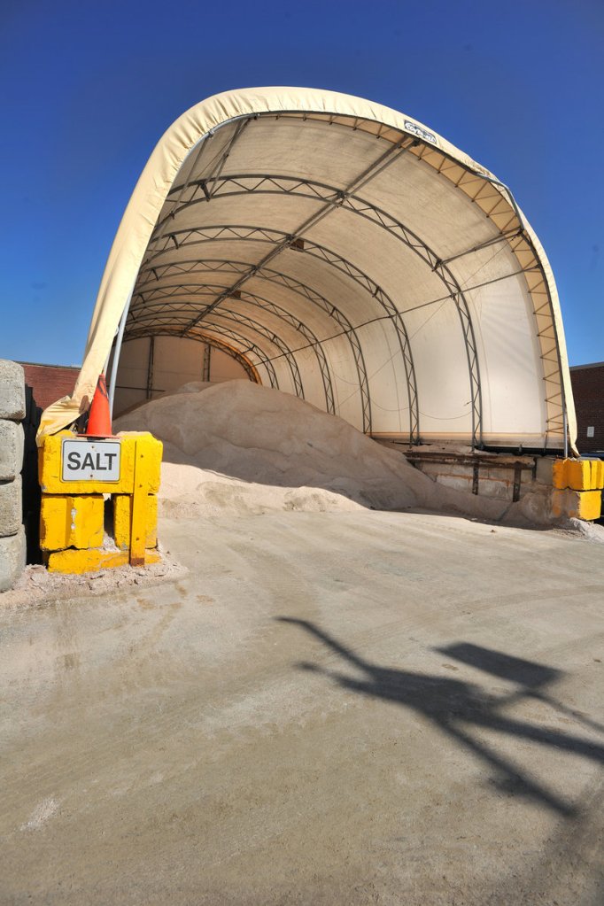 Portland has a large surplus of salt for treating roads, including this pile stored at the public works facility on Hanover Street.