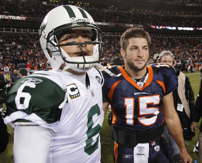 QB Mark Sanchez, left, was Tim Tebow’s opponent last November, but they will be teammates this year as the Jets and Broncos swung a deal Wednesday.