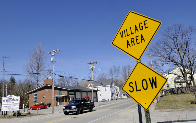 Drivers are cautioned to travel slowly on Route 202 as they enter the village area in South Windham, which forms a community with Little Falls in Gorham, across the Presumpscot River.