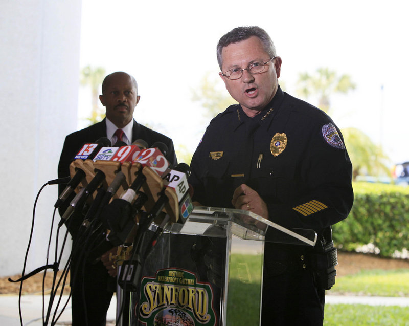 Sanford, Fla., Police Chief Bill Lee holds a Thursday news conference in Sanford, Fla. City commissioners gave him a “no confidence” vote late Wednesday.