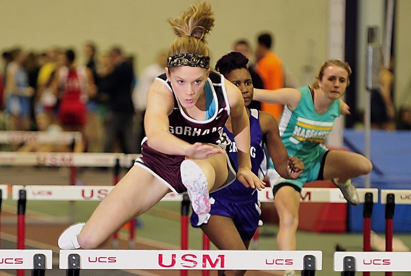 Sarah Perkins of Gorham captured the 55 hurdles at the Class A state meet, then added victories in the 200 and 400 to earn her award as the MVP in girls’ indoor track.