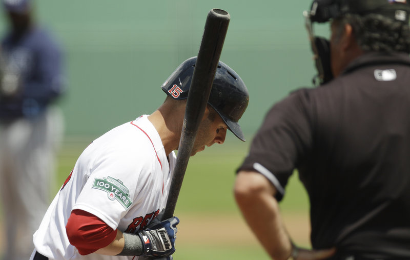 Dustin Pedroia, batting third in what may be the opening-day lineup for the Boston Red Sox, tripled in a run Tuesday. Manager Bobby Valentine had Pedroia batting in back of Mike Aviles and Jacoby Ellsbury.