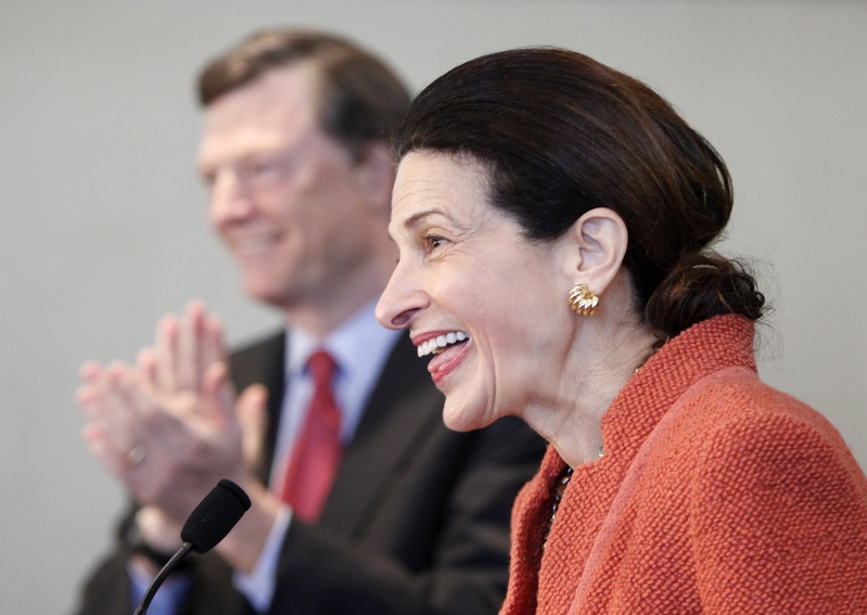 U.S. Sen. Olympia Snowe, R-Maine, acknowledges applause at a news conference March 2 at which she announced that she had decided not to seek a fourth term. Last week, in a letter to donors to her now-dismantled campaign, Snowe said the money she raised may be used to support “like-minded” candidates, a center to give “a national voice” to the “sensible center,” and an institute to promote Maine’s female leaders.