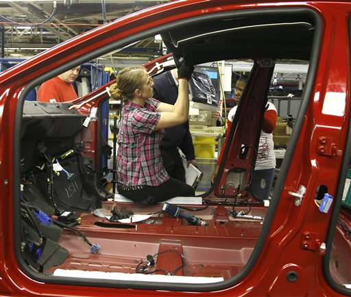 In this Feb. 2, 2012, photo, an auto worker assembles parts on the 2013 Dodge Dart at the Chrysler Plant in Belvidere, Ill., where Chrysler has added a third shift to keep up with demand.