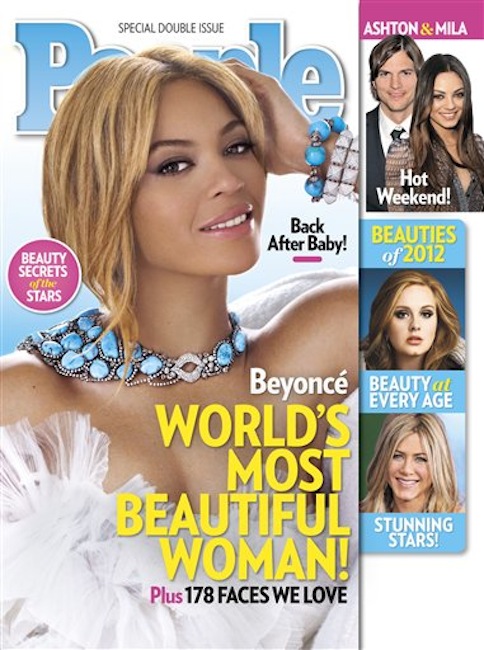 In this cover image released by People, singer Beyonce graces the cover of People magazine's special issue naming her the World's Most Beautiful Woman for 2012. The 30-year-old singer tops the magazine's annual list of the "World's Most Beautiful" in a special double issue. The announcement was made Wednesday, April 25, 2012. (AP Photo/People)