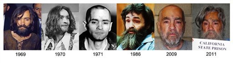 This combo of photographs shows how Charles Manson has looked over the years from 1969 up to the most recently released photo in 2011. Manson is scheduled to have a parole hearing at Corcoran State Prison on Weds., April 11, 2012. (AP Photo)