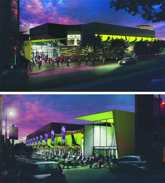 An artist's rendering of how the renovated Civic Center will look, on the Spring Street side (top) and the Free Street side.