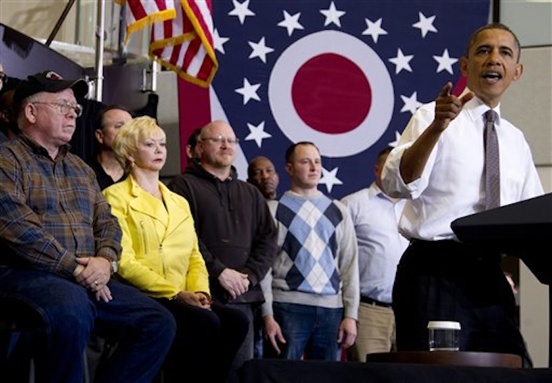 In this April 18, 2012 photo, President Barack Obama speaks at Lorain County Community College in Elyria, Ohio. The improving economy is swinging the pendulum in Obama's favor in the 14 states where the presidential election will likely be decided. Polls have shown Obama gaining an edge over his likely Republican challenger, Mitt Romney, in several so-called swing states, those that are considered up for grabs. Whatís made the difference is that unemployment has dropped more sharply in several swing states than in the nation as a whole. A resurgence in manufacturing is helping the economy, and Obamaís chances, in the industrial Midwestern states of Ohio and Michigan. (AP Photo/Carolyn Kaster)