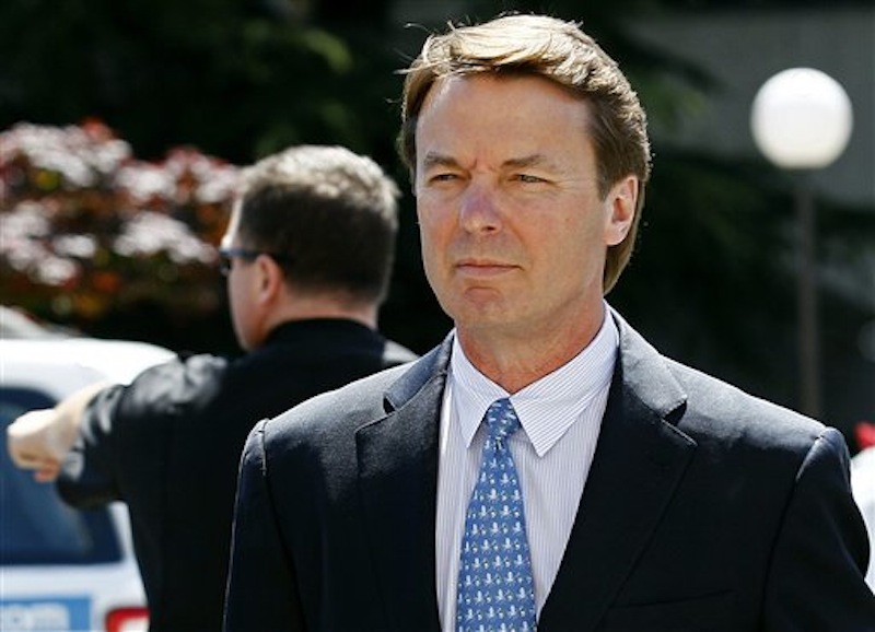 In this April 12, 2012 file photo, former presidential candidate and U.S. Sen. John Edwards arrives outside federal court following a lunch break in jury selection for his criminal trial on alleged campaign finance violations in Greensboro, N.C. Prosecutors accuse Edwards of using campaign money from wealthy donors to hide his pregnant mistress, Rielle Hunter. Andrew Young, a former aide to Edwards, testified for five days last week. He said Edwards knew the money was being spent to hide Hunter, but also acknowledged that he used much of the funds to build his North Carolina dream house. (AP Photo/Gerry Broome, File)