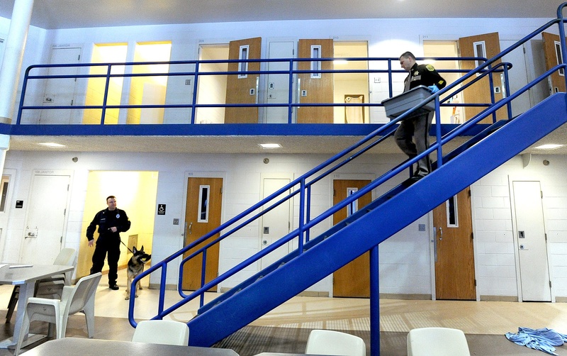 Cumberland County Jail officials conduct a search for contraband. The Jail faces a $600,000 shortfall by the end of June and is considering shuttering its pre-release center, closing sections of the jail and sending inmates back to their home counties. 