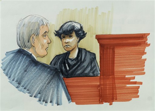 In this courtroom sketch, singer and actress Jennifer Hudson testifies Monday in Chicago at the murder trial of William Balfour, charged in the October 2008 killings of Hudson's mother, brother and nephew. Looking on is Cook County Judge Charles Burns.