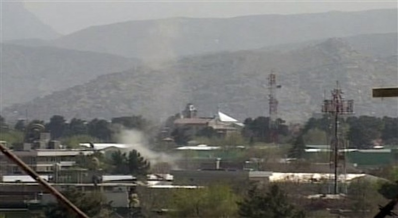 in this image taken from video, showing smoke rising from Kabul, Afghanistan, following attacks by Taliban militants Sunday April 15, 2012. Militants launched a series of coordinated attacks in the Afghan capital Sunday, with blasts and gunfire rocking three neighborhoods that are home to Afghan government buildings, Western embassies and NATO bases. (AP Photo/AP Video)