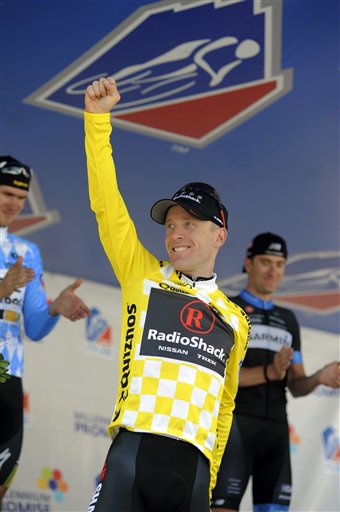 American cyclist Levi Leipheimer celebrates after winning the USA Pro Cycling Challenge in Denver in this Aug. 28, 2011, photo.