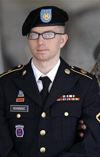Army Pfc. Bradley Manning departs a courthouse in Fort Meade, Md., in this March 15, 2012, photo.