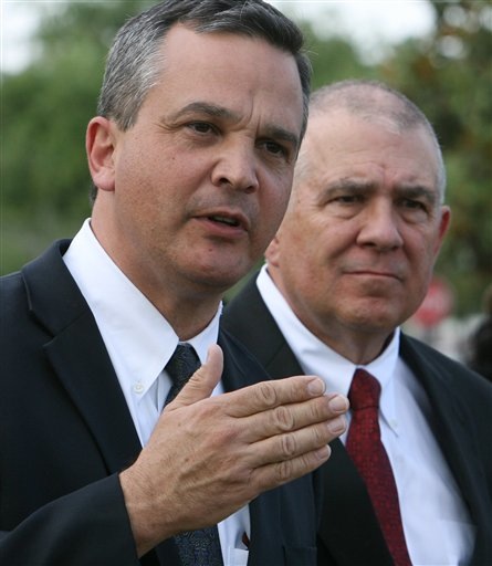 Craig Sonner, left, and Hal Uhrig, former attorneys for George Zimmerman, speak to reporters during a news conference to announce that both attorneys had quit as Zimmerman's legal representatives in Sanford, Fla., Tuesday, April 10, 2012. Zimmerman is a neighborhood watch volunteer who authorities say fatally shot an unarmed teenager. The men said have withdrawn as his counsel because they haven't heard from him in days and he is taking actions related to the case without consulting them. (AP Photo/Orlando Sentinel, Red Huber) LEESBURG OUT; LADY LAKE OUT; TV OUT; MAGS OUT; NO SALES; THE DAYTONA BEACH NEWS-JOURNAL OUT