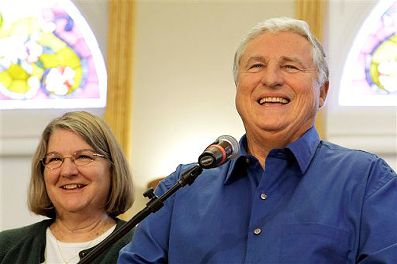 Merle and Patricia Butler of Red Bud, Ill., appear during a news conference at the Red Bud Village Hall on Wednesday, April 18, 2012, in Red Bud, Ill. The retired southern Illinois couple has claimed the third and final share of last month's record $656 million Mega Millions jackpot. (AP Photo/Seth Perlman)