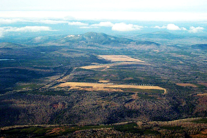 Aerial view looking north at the 1,500-acre site of the former Over-the-Horizon-Backscatter radar system in Moscow.