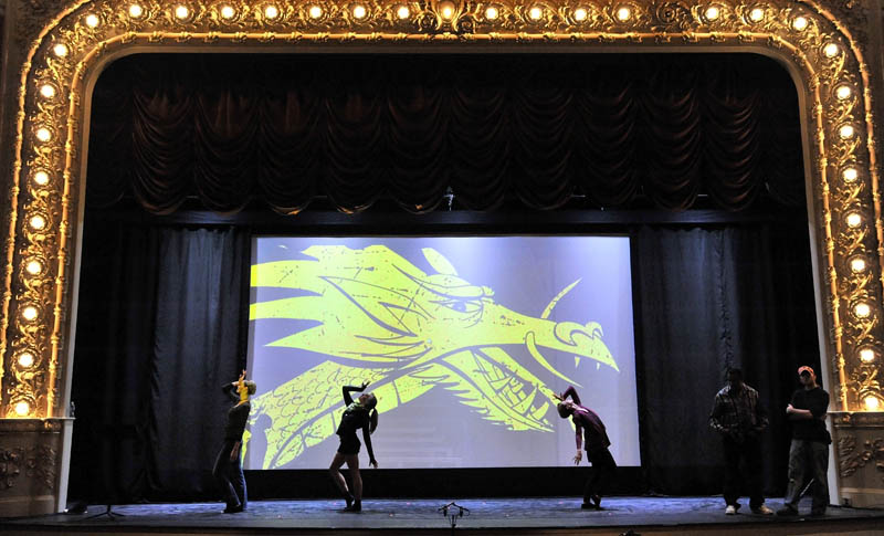 Dancers with the Kennebec Dance Center rehearse a scene from the musical "Chicago" before the grand re-opening of the Waterville Opera House Friday night. This show is the first after being closed a year for a $4.9 million renovation and addition project.