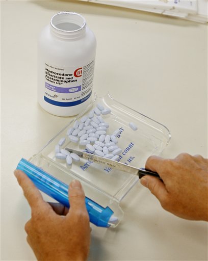 A pharmacist counts tablets of a generic version of Vicodin, a compound of hydrocodone bitartrate and acetaminophen.
