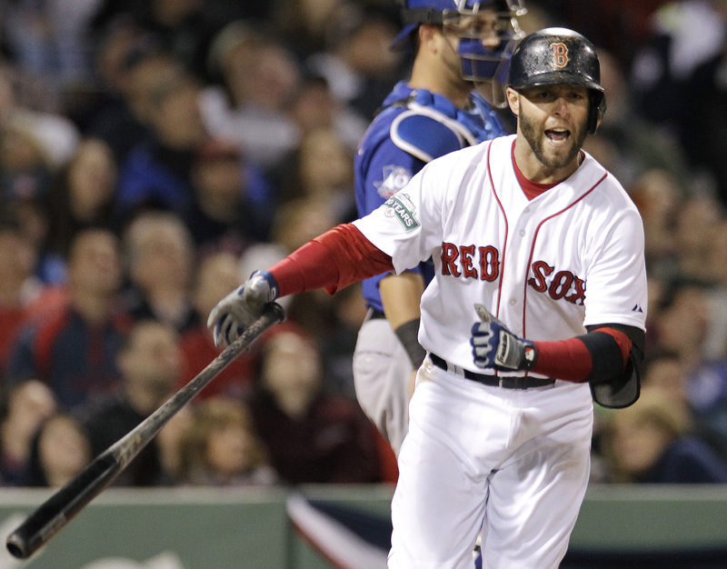 Dustin Pedroia reacts after popping up and leaving two men on during the fifth inning of Wednesday night's game between the Boston Red Sox and the Texas Rangers at Fenway Park. The Red Sox lost, 6-3.