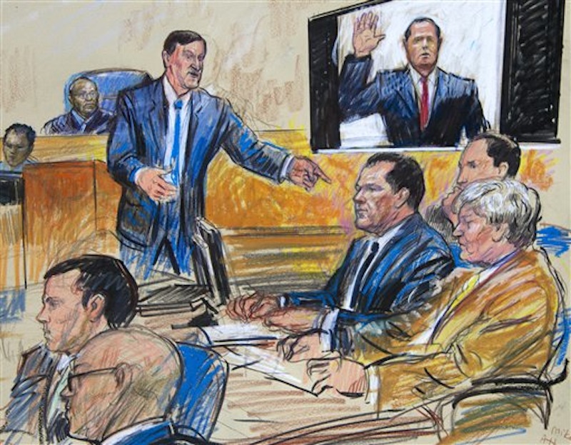 An artist rendition shows former Major League Baseball pitcher Roger Clemens, third from right, and his lawyers Rusty Hardin, right, and and Michael Attanasio listening as prosecutor Steven Durham delivers his opening statement as U.S. District Judge Reggie Walton, back left, listens Monday, April 23, 2012, in Washington. (AP Photo/Dana Verkouteren)