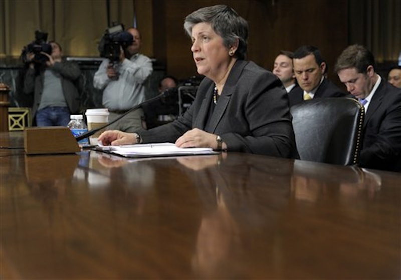 Homeland Security Secretary Janet Napolitano testifies on Capitol Hill in Washington, Wednesday, April 25, 2012, before the Senate Judiciary Committee hearing on the Secret Service prostitution scandal that embarrassed the White House and overshadowed the president's visit to a Latin American summit. (AP Photo/Susan Walsh)