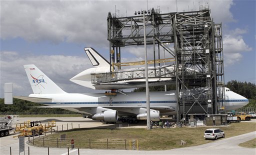NASA, workers attach space shuttle Discovery to the Shuttle Carrier Aircraft in the mate-demate device at the Kennedy Space Center in Cape Canaveral, Fla., on Sunday.