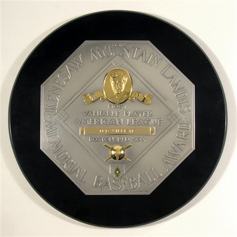 This undated photo provided by Hunt Auctions shows Boston Red Sox great Ted Williams' 1949 MVP plaque, which sold for nearly $300,000 during an auction of Williams' sports, military and personal memorabilia, Saturday, April 28, 2012, in Boston. (AP Photo/Hunt Auctions)
