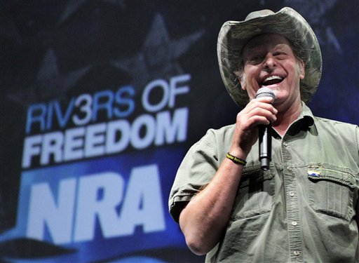 In this May 1, 2011 photo, musician and gun rights activist Ted Nugent addresses a seminar at the National Rifle Association's convention in Pittsburgh. Nugent says he will meet with the Secret Service on Thursday to explain his raucous remarks about what he called Barack Obama's evil, America-hating administration comments that some interpreted as a threat against the president. (AP Photo/Gene J. Puskar)