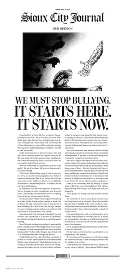 The Sioux City Journal devoted its entire front page to an anti-bullying editorial on Sunday, April 22, 2012.