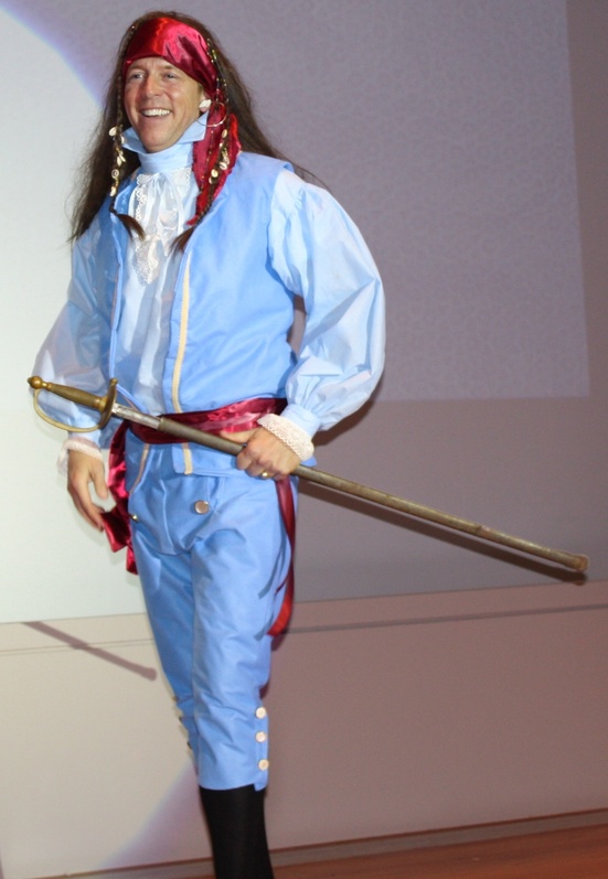 Portland Realtor John Hatcher, modeling a pirate costume created by Barbara Kelly at last year’s fashion show.