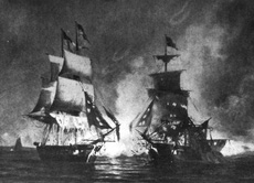 An engraving of the battle between the USS Enterprise and HMS Boxer in 1813 off of the coast of Maine.