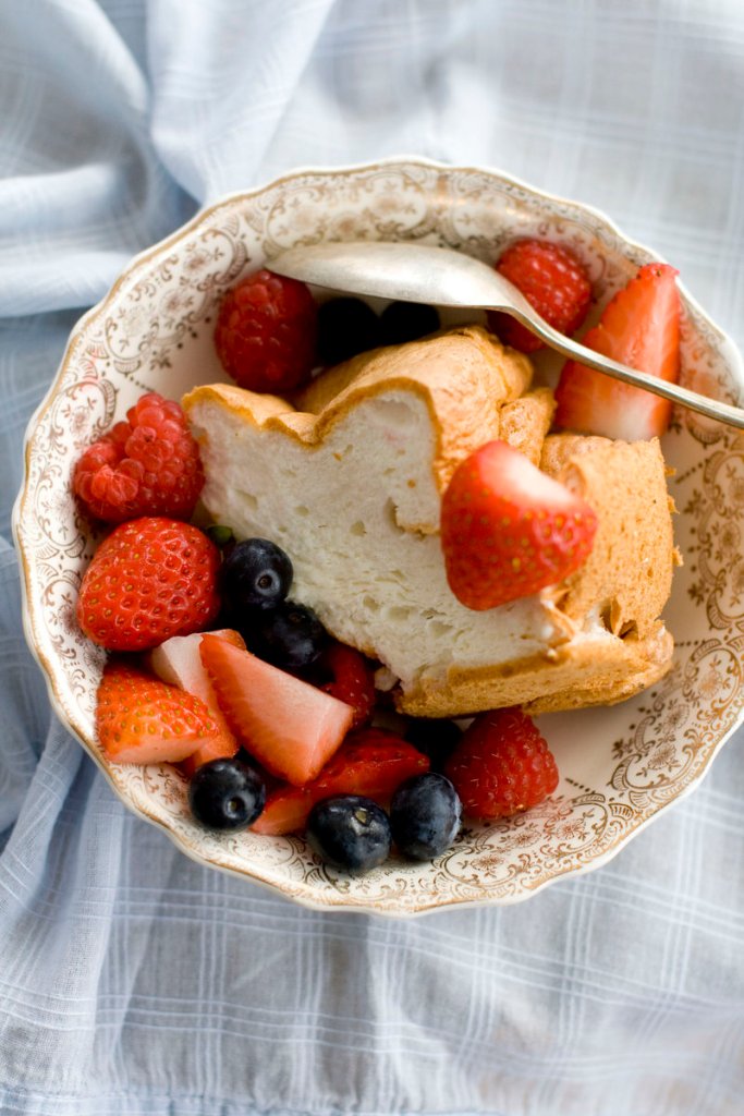 It’s low-carb and gluten-free, but this angel food cake has the same delicate, almost spongy texture as those made with more traditional recipes.
