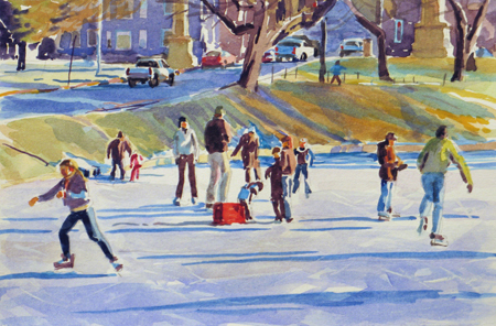 "Skating at the Oaks," a watercolor by Marsha Donahue, from The Portland Show, continuing through April 27 at Greenhut Galleries in Portland. A reception for the participating artists will be held from 5 to 7 p.m. on Thursday.