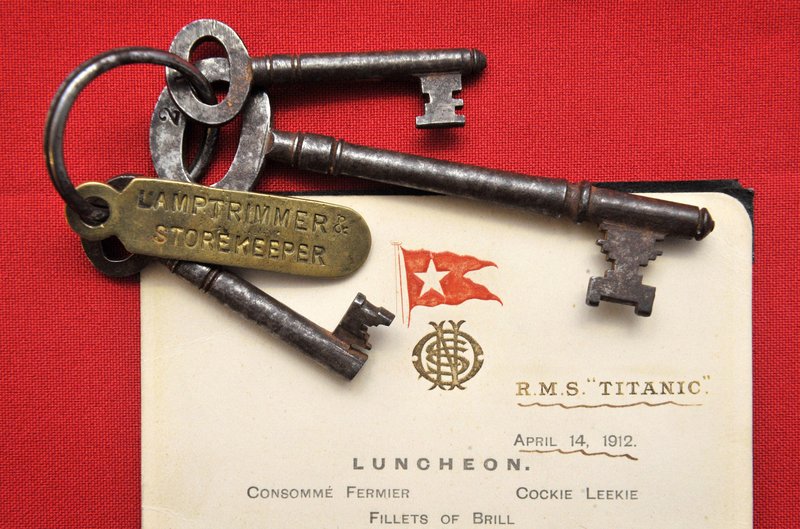 This photo shows a lunch menu given to first class passengers on the day of the sinking of the Titanic and a set of keys used by Titanic crewman Samuel Hemming to unlock the door where the lifeboat lanterns were held after he was ordered by the ship's captain to ensure that all 15 lifeboats had lit oil lamps. The two items sold for a total of $214,000 at an auction of Titanic memorabilia at Henry Aldridge and Son in Devizes, England, to commemorate the centenary of the ship's completion.