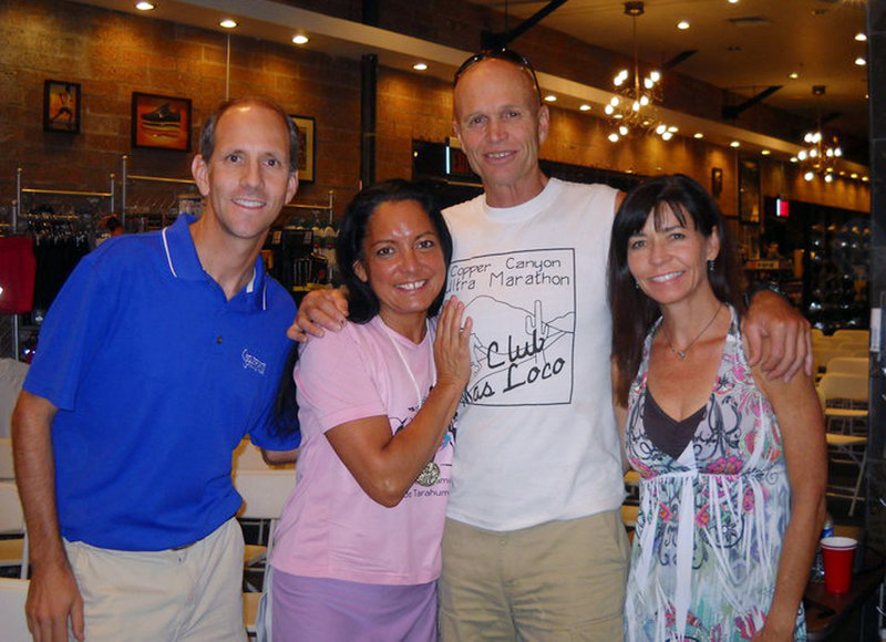 Micah True, third from left, is shown in a 2010 photo with, from left, Lance Muzslay, Maria Walton and Karen Pitre Seymour in Tempe, Ariz. The body of the 58-year-old True, a renowned long-distance runner, was found Saturday in New Mexico’s Gila Wilderness. The cause of death wasn’t known. There were no obvious signs of trauma.