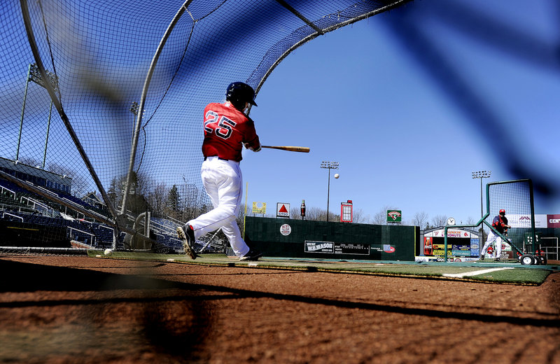 Sea Dogs outfielder Bryce Brentz rockets a line drive to left field during batting practice at Hadlock Field as part of Media Day activities Tuesday. Portland’s home team, the Double-A minor league affiliate of the Boston Red Sox, opens its 2012 season Thursday at Reading, Pa., and hosts the Binghamton Mets in the home opener on April 12.