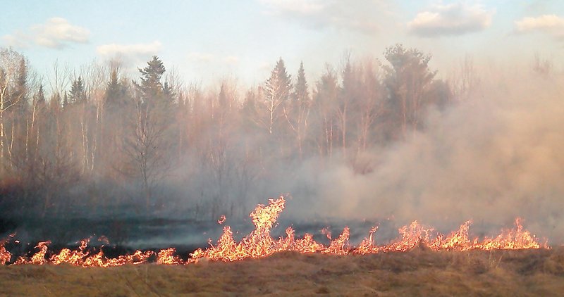 The Maine Forest Service is warning about high fire danger after about a dozen wildfires were reported statewide Monday, including this one in Clinton. It burned about six acres of grass and brush before it was contained by the service and the Clinton Fire Department.