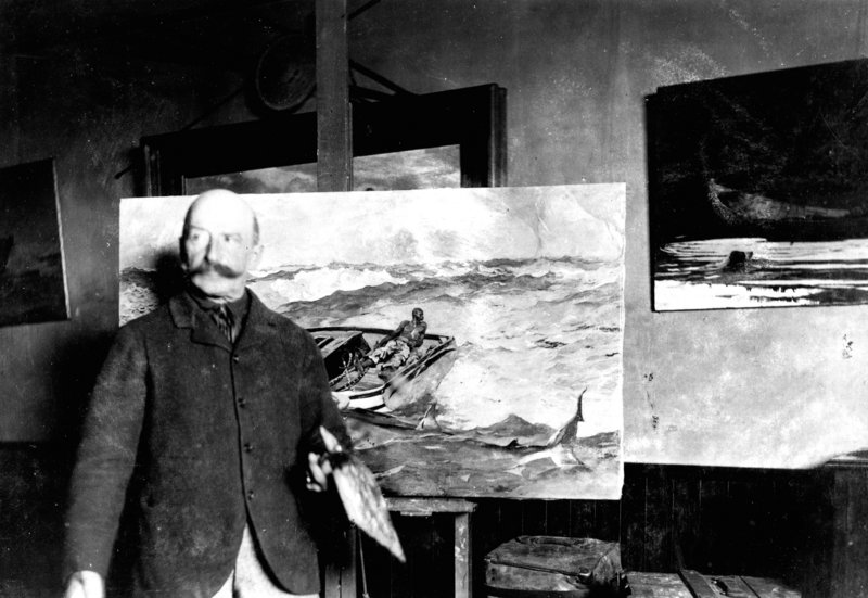 An albumen print from around 1900 titled “Winslow Homer with ‘The Gulf Stream’ in his painting room at Prouts Neck,” by an unknown photographer, shows the Maine studio where the artist created some of the most iconic images in American art history.