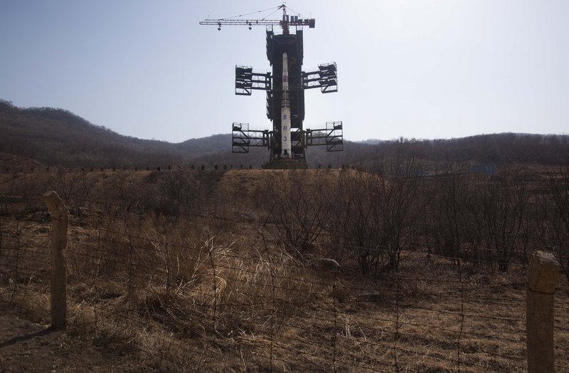 North Korea’s Unha-3 rocket, due for liftoff between April 12 and 16, stands at Sohae Satellite Station in Tongchang-ri, North Korea, on Sunday.
