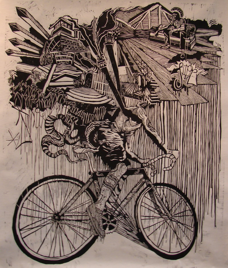 “Can’t Stop, Won’t Stop,” woodcut by Kyle Bryant.