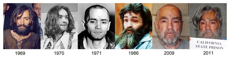 A series of photographs shows Charles Manson from 1969 up to the most recently released photo in 2011. At 77, he faces at least another 15 years in prison.