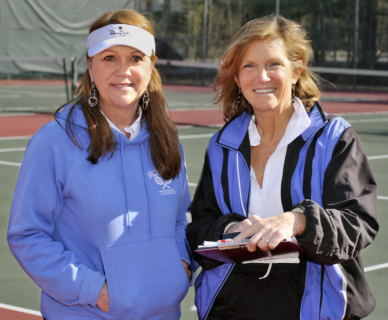 Sandra Stone, right, the Falmouth High girls’ tennis head coach, and her assistant, Prisca Thomson, have coached together for 10 years, building an outstanding program.