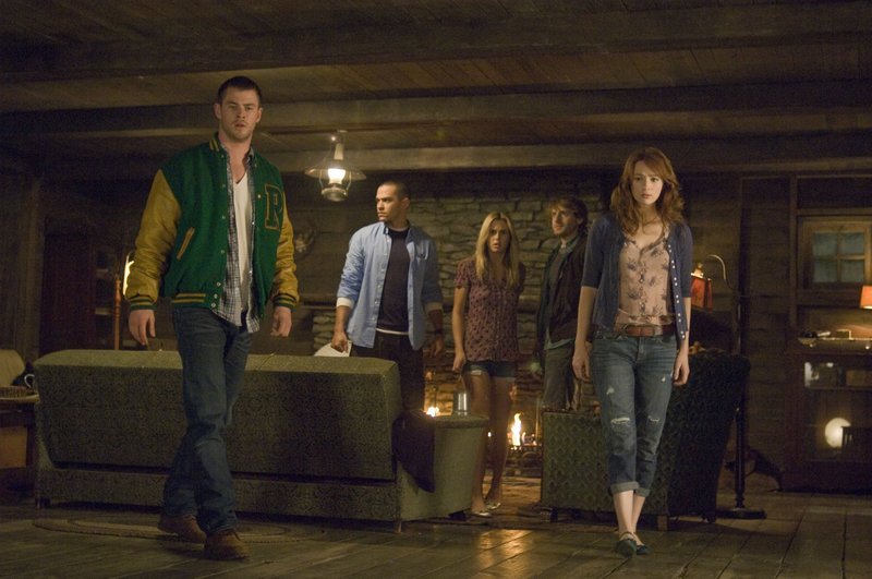 From left, Chris Hemsworth, Jesse Williams, Anna Hutchison, Fran Kranz and Kristen Connolly in “The Cabin in the Woods.”