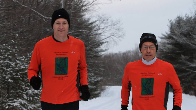 Bob Bryant, left, the police chief of Indian Island, and Dale Lolar, a substance abuse counselor, are part of a team – along with former Penobscot Nation tribal chief Barry Dana – that is running the Boston Marathon to raise money for Penobscot River cleanup.