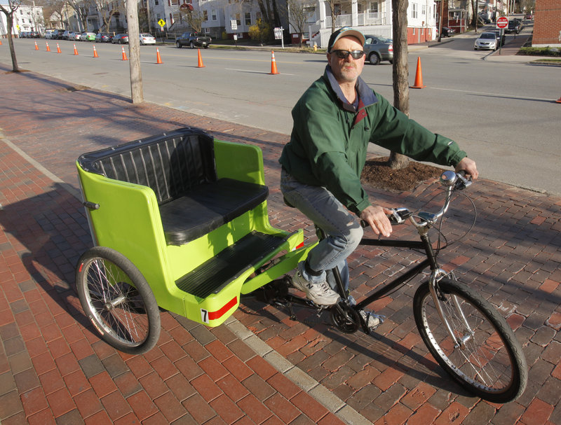 James Fereira of Maine Pedicab was outside Hadlock Field this past weekend, looking to drive folks home or back to their cars after the Sea Dogs baseball games.