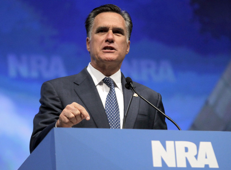 Republican presidential candidate Mitt Romney speaks at the NRA convention Friday. He warned that Obama would remake the Supreme Court if he’s re-elected.