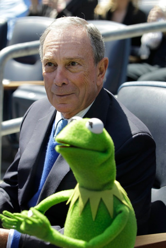 Kermit the Frog takes in a game with New York Mayor Michael Bloomberg at Yankee Stadium on Friday.