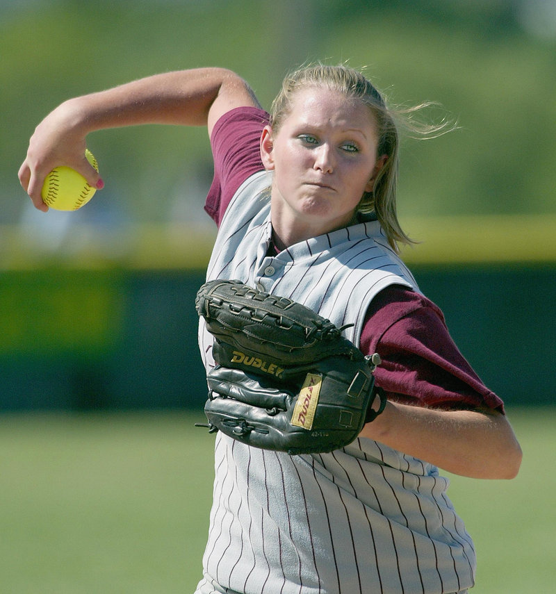 Noble High School’s Brittany Tibbetts fires a pitch in a playoff game in Brewer in this June 16, 2003, photo. Tibbetts was named the 2004 Maine Gatorade Player of the Year. Friends and family remembered her as a talented athlete, and later, as being skilled at her chosen profession, cosmetology.