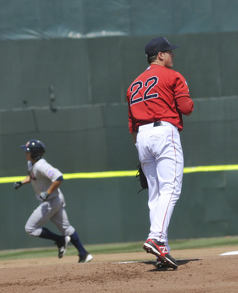 Matt Den Dekker rounds the bases after hitting a first-inning homer off Sea Dogs pitcher Chris Balcom-Miller.
